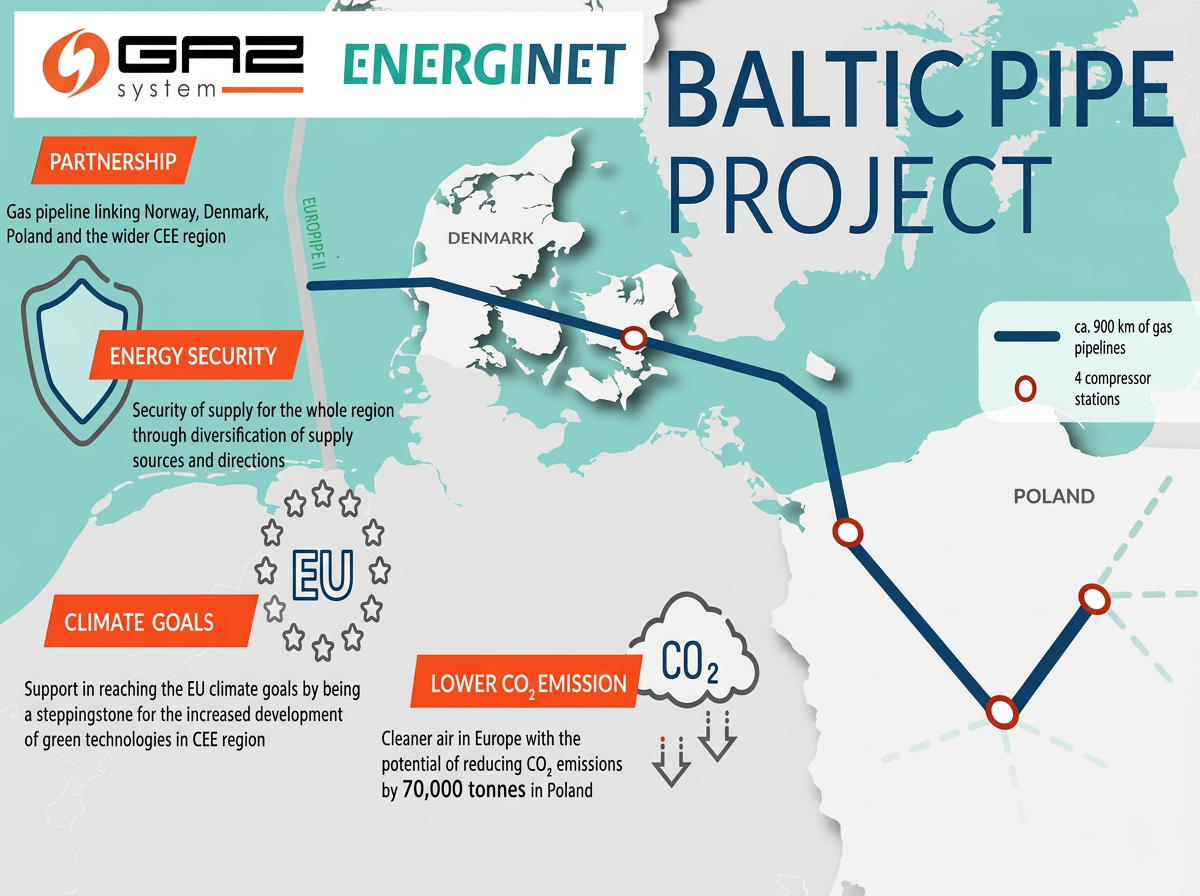 Baltic Pipe Project route map across Denmark and Poland